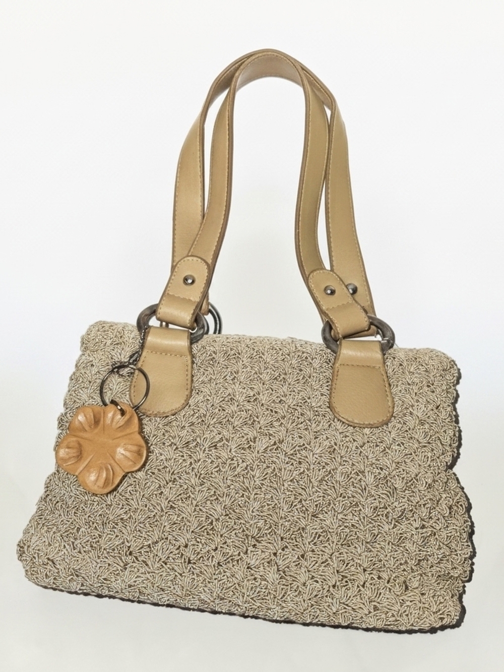 Braided Straw Shoulder Bag with Tan Leather Straps - Picture 1 of 10
